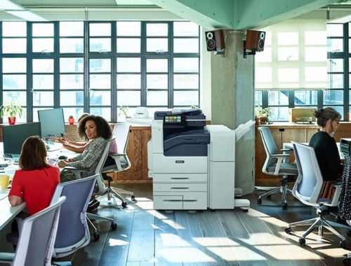 Team bei der Arbeit in einem offenen Raum mit dem Xerox® VersaLink® B7100 (B7135) Serie Schwarzweißdrucker